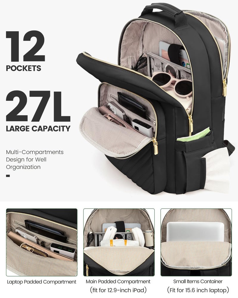 LOVEVOOK Laptop Backpack Purse for Women, Work Travel Computer Bags, College School Backpack for Student Girl, Quilted Casual Daypack with USB Port, Fit 15.6 Inch Laptop, Black - Image 2